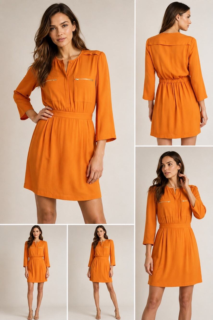 Theory Orange Silk Shirt Dress Zip Pocket Stretch Mini Dress Size 8